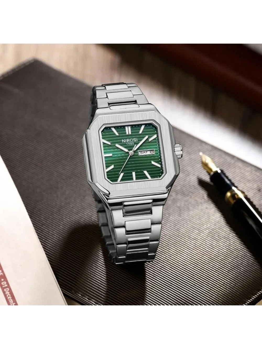 Nibosi Men's Silver Green Analog Quartz Stainless Steel Waterproof Square Watch
